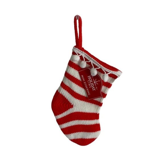 Cable Knit Mini Sweater Knit Christmas Stocking Red White Striped Pom Poms NEW - Picture 2 of 5